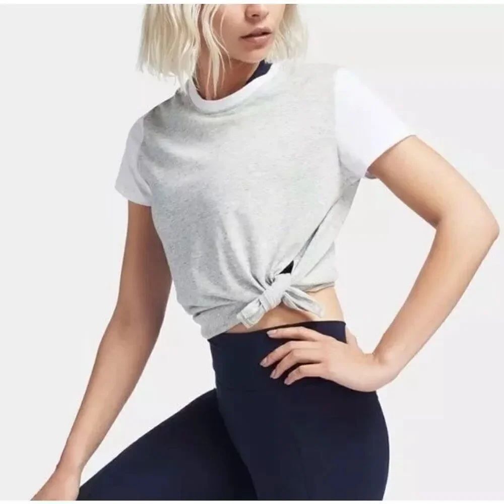 LNDR || Short Sleeve Tuck Tee Slit Tie Heathered Blue Gray Medium